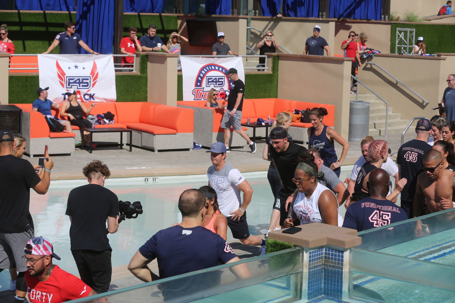 Actor Mark Wahlberg helps to lead a F45 track workout at Ocean Casino Resort in Atlantic City as part of the casino's one-year anniversary Saturday, June 22, 2019.